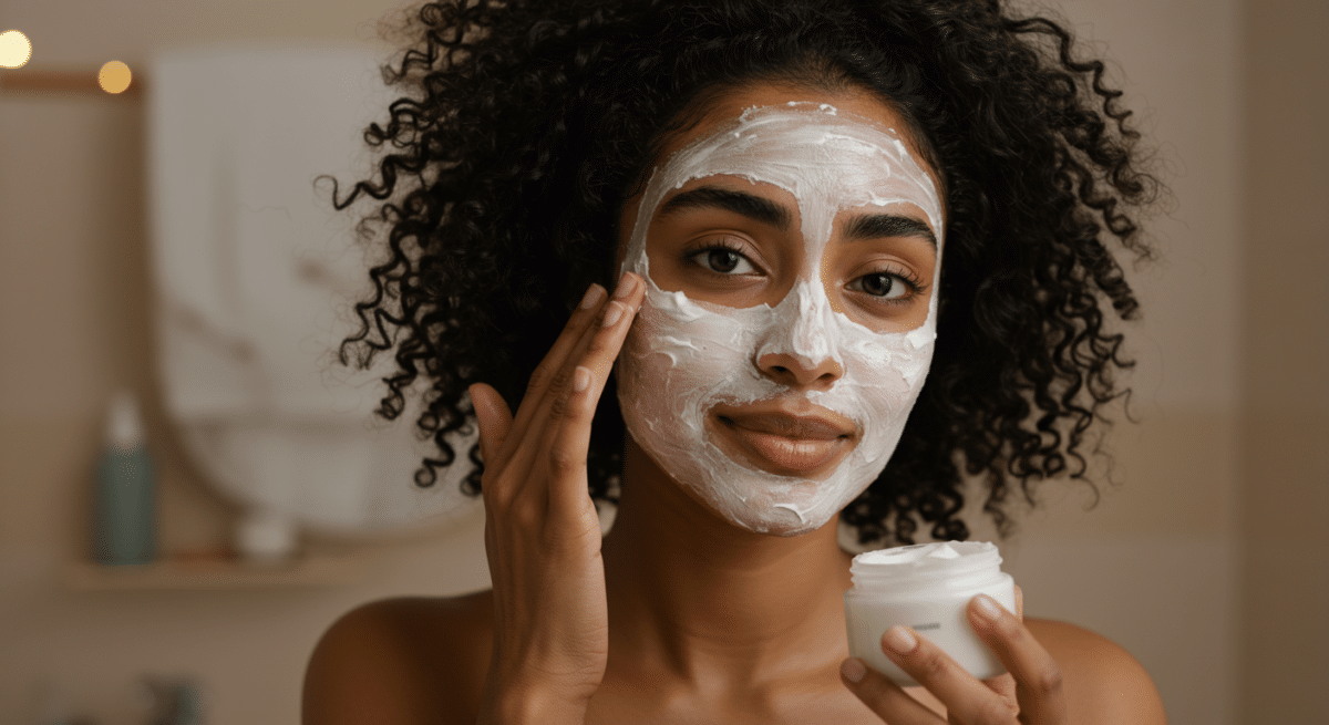 Woman applying Greek yogurt face mask