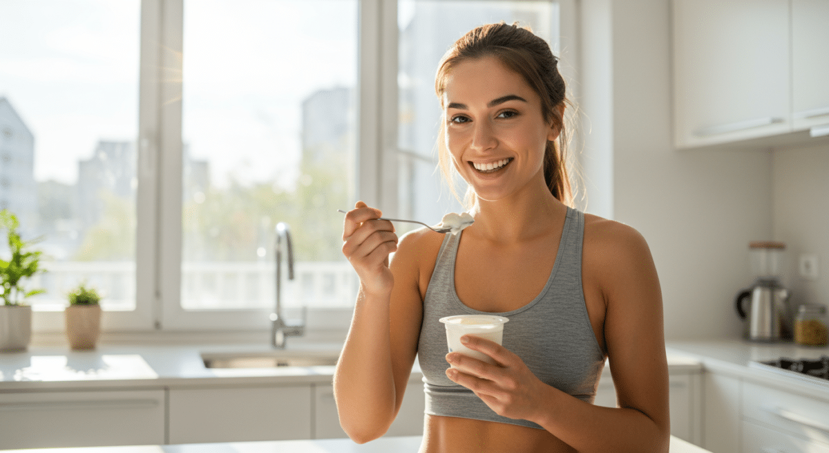 Woman eating Greek yogurt for weight loss