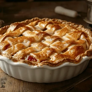 Homemade fruit pie with golden lattice crust on a wooden table