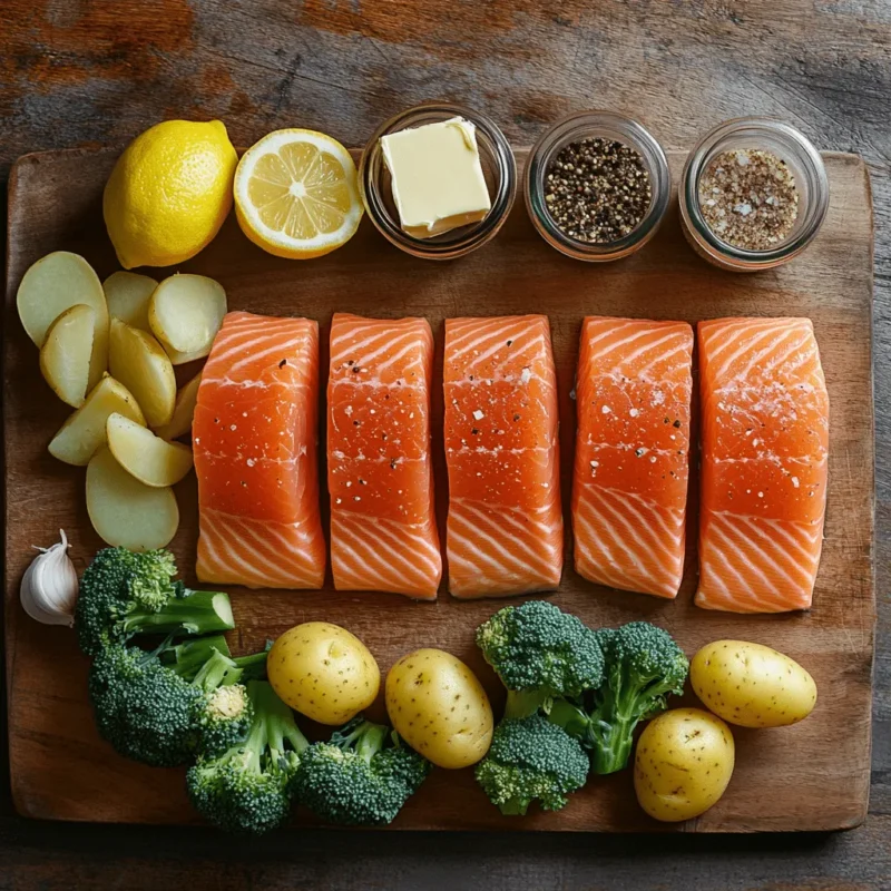 Fresh ingredients for lemon butter salmon with roasted potatoes and broccoli
