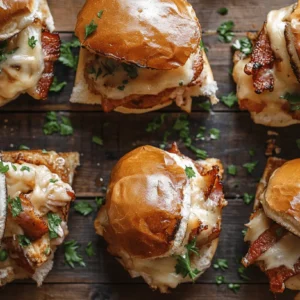 Top-down view of Kentucky Hot Brown Sliders on a rustic wooden table with natural lighting