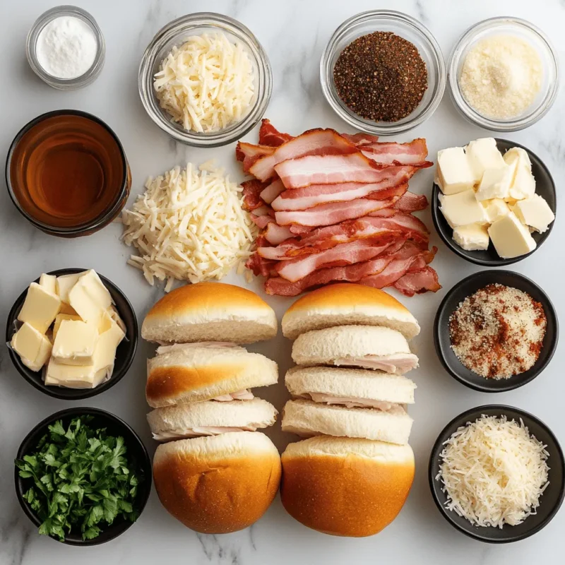 Flat lay of ingredients for Kentucky Hot Brown Sliders on a clean kitchen countertop