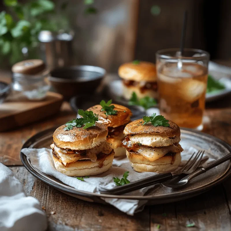 Kentucky Hot Brown Sliders served on a styled table with garnishes and iced tea