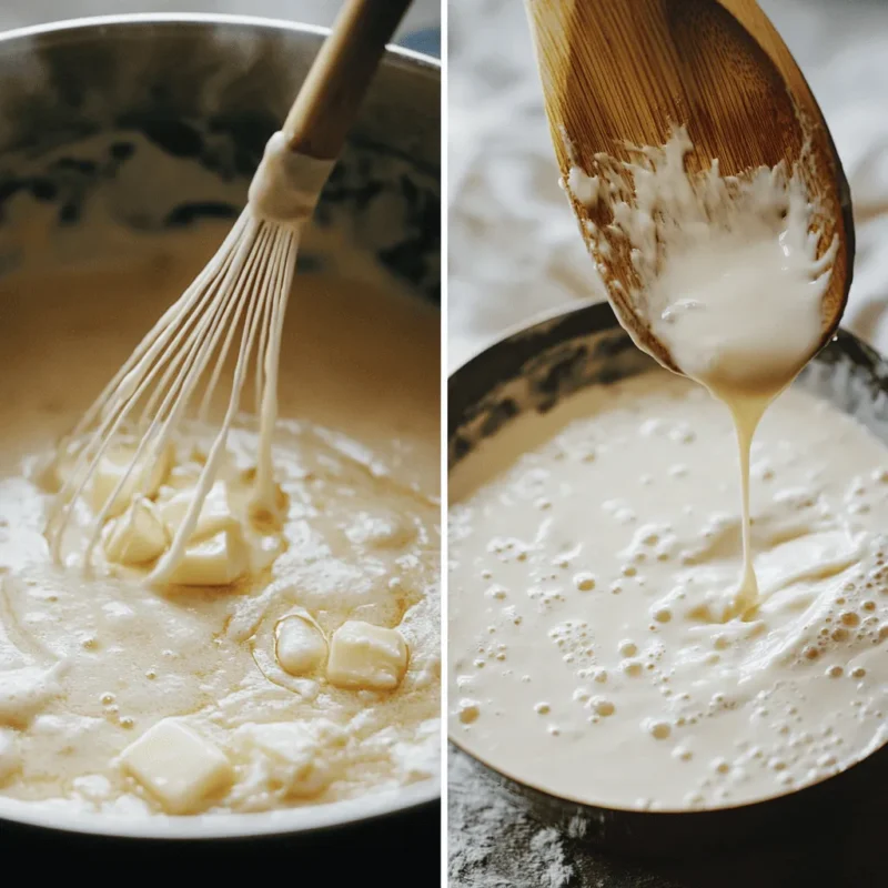 Preparation of Mornay sauce: melting butter with flour and adding milk