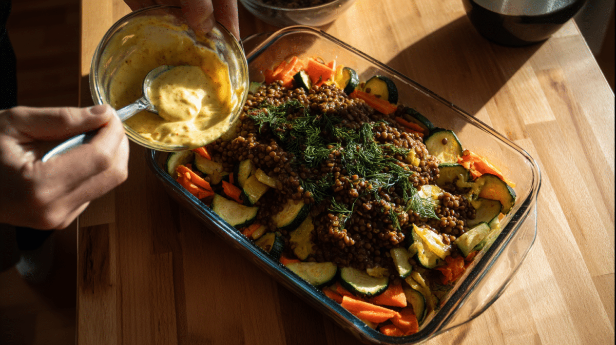 Layering vegan moussaka with lentils and creamy cashew béchamel