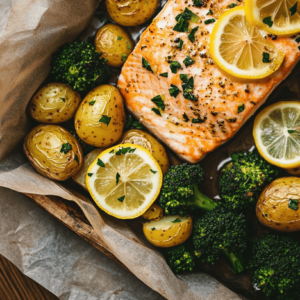 One-pan lemon butter salmon with roasted potatoes and broccoli on a baking tray.
