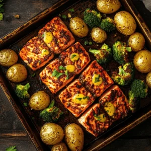 Lemon butter salmon with crispy potatoes and broccoli on a rustic sheet pan