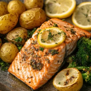 Lemon butter salmon served with roasted potatoes and broccoli on a rustic plate
