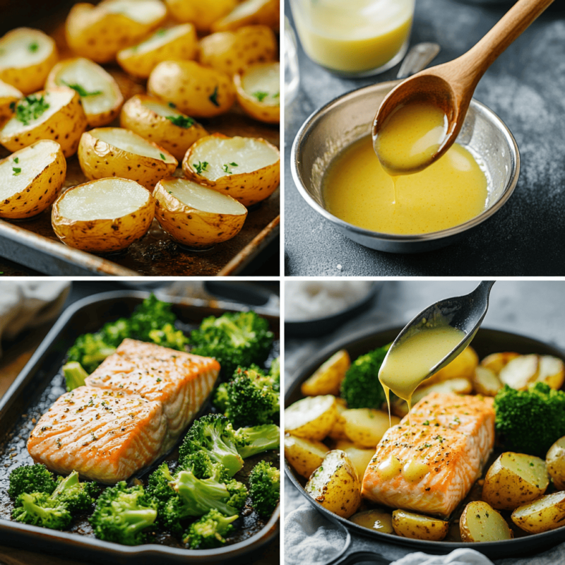 Step-by-step process of preparing lemon butter salmon with potatoes and broccoli.