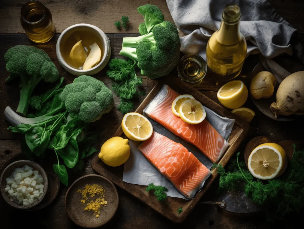 Fresh ingredients for lemon butter salmon including salmon fillets, broccoli, and baby potatoes