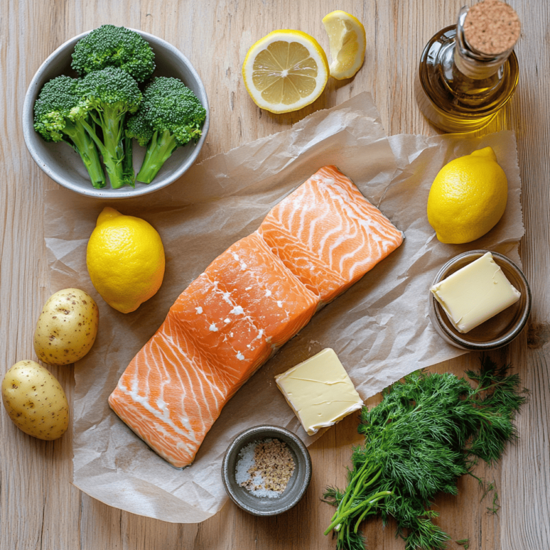 Ingredients for lemon butter salmon with potatoes and broccoli laid out on a table.