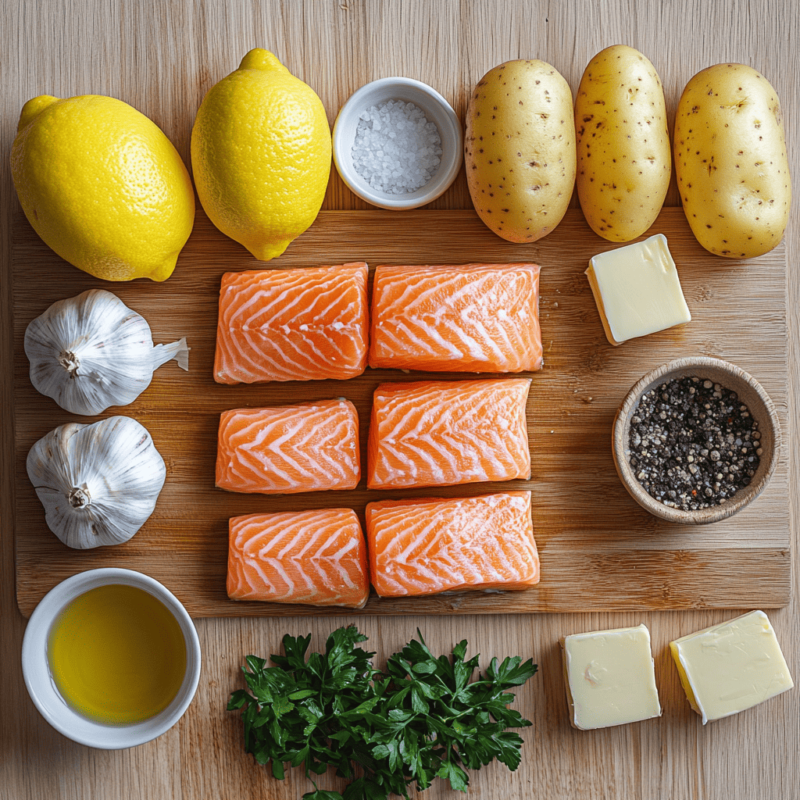 Fresh ingredients for making lemon butter salmon with crispy potatoes