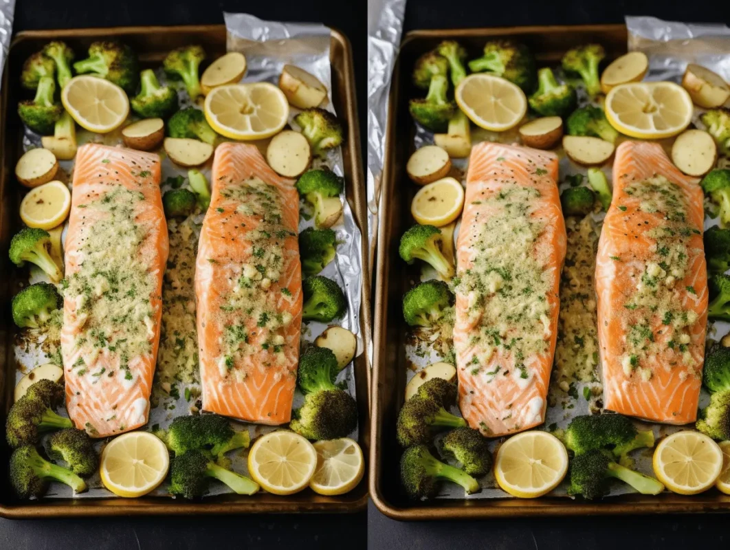 Preparing lemon butter salmon on a sheet pan with potatoes and broccoli