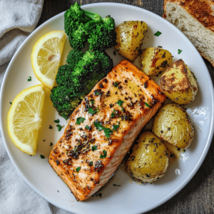 Plated lemon butter salmon with crispy potatoes, roasted broccoli, and lemon garnish.