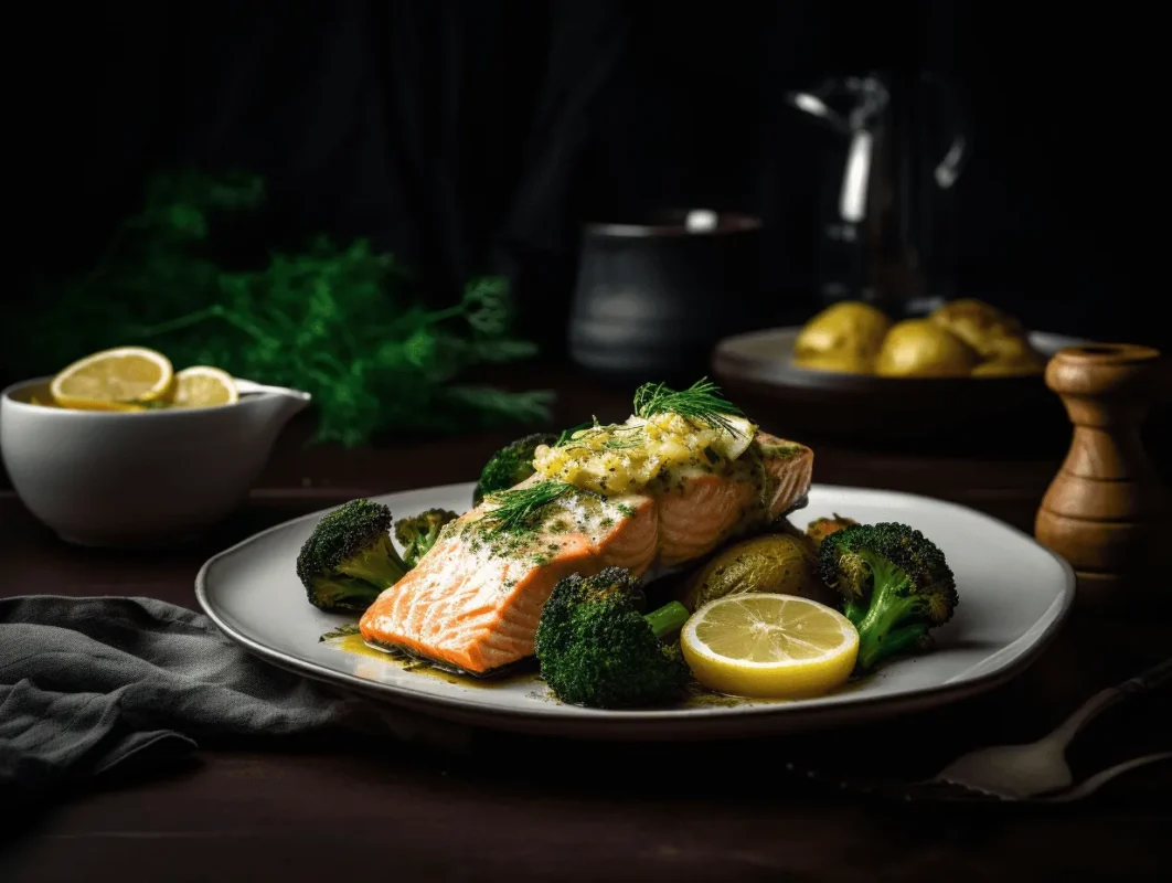 Final dish of lemon butter salmon with roasted vegetables, lemon wedges, and herbs