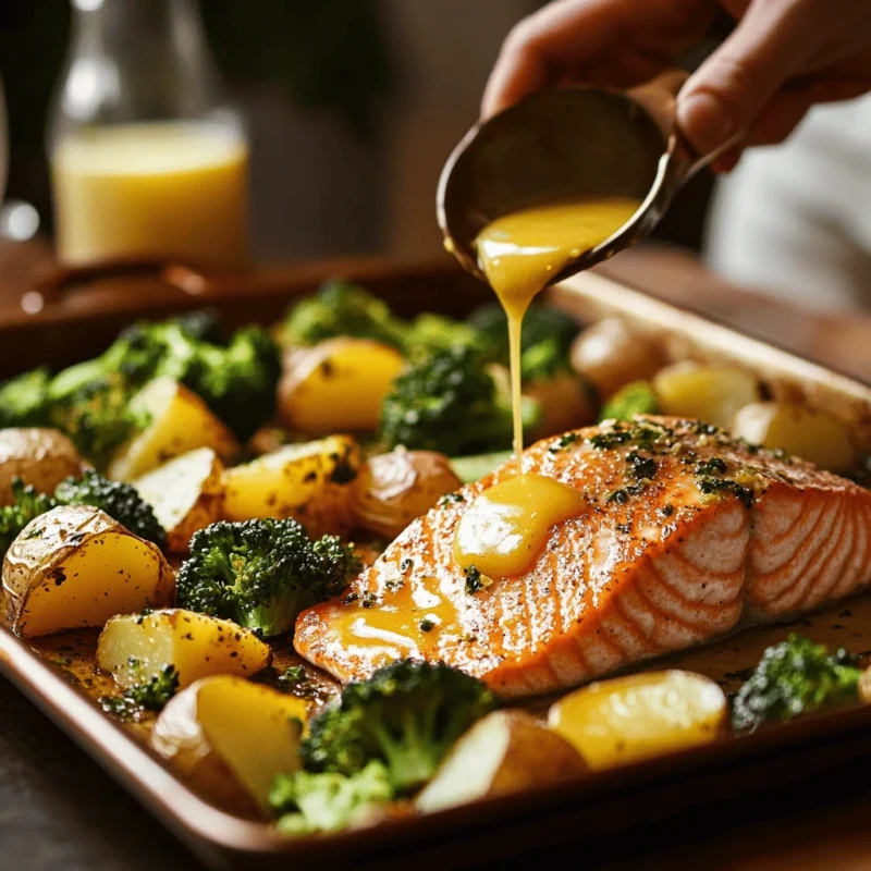 Adding salmon to a sheet pan with roasted potatoes and broccoli