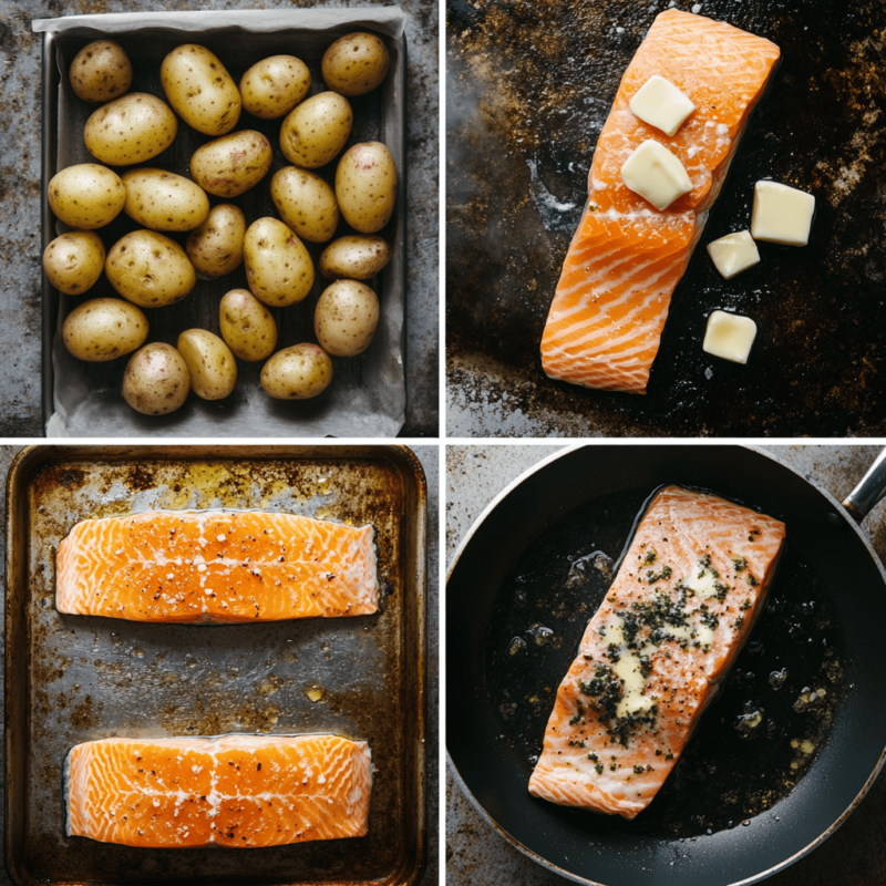 Step-by-step cooking of lemon butter salmon and roasted potatoes