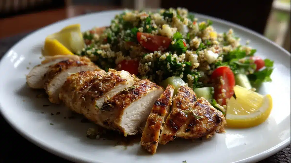 Lemon herb chicken on Greek Quinoa Salad with Lemon and Dill