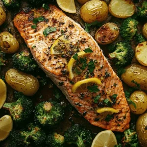 Roasted lemon salmon fillet with crispy potatoes and broccoli on a rustic tray