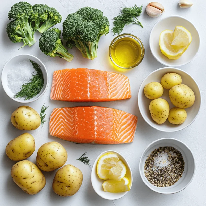 Fresh ingredients laid out for lemon salmon with potatoes and broccoli