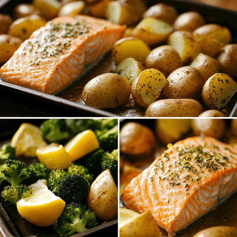 Step-by-step preparation of lemon salmon with potatoes and broccoli on a sheet pan