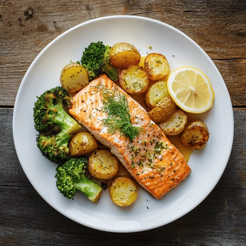 Plated lemon salmon with crispy potatoes, broccoli, and lemon garnish