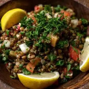 Lentil Tabbouleh Salad with Olive Oil and Herbs in a rustic bowl