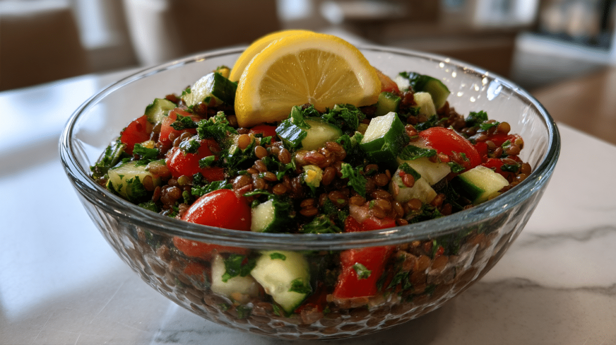 Vegan lentil tabbouleh salad with fresh herbs