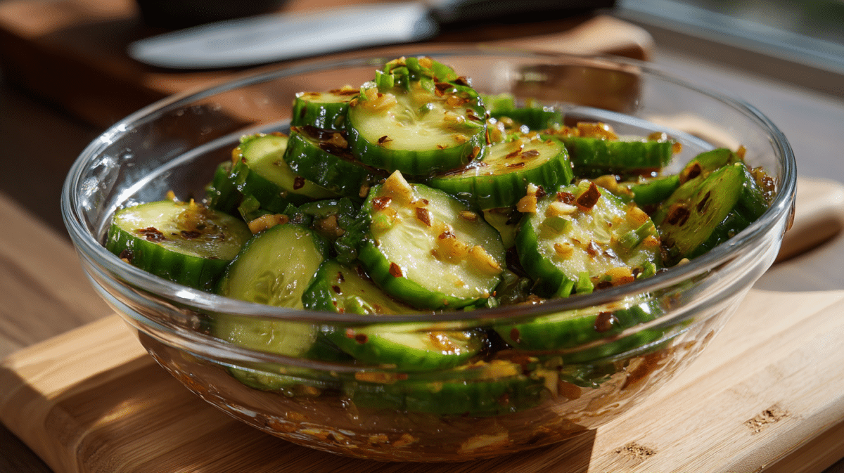 Logan Moffitt cucumber salad recipe in glass bowl with chili oil and garlic