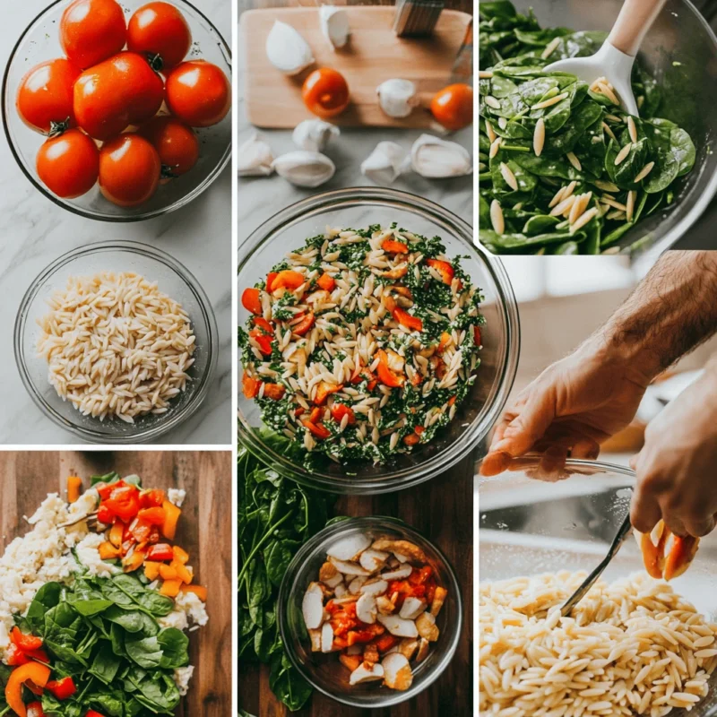 Step-by-step process of making Costco Mediterranean Orzo Salad at home.