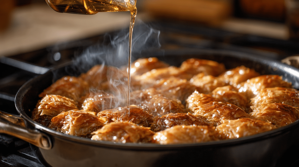 Maple syrup poured on almond baklava