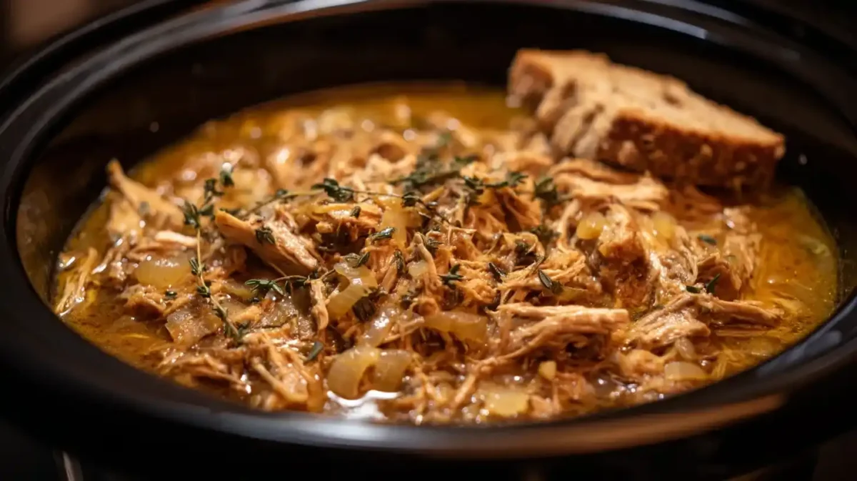 Mediterranean-style French onion soup in a slow cooker