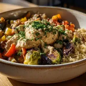 Mediterranean grain bowl with roasted veggies and hummus on rustic table
