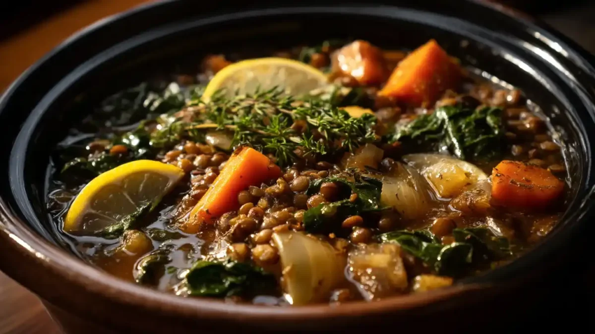 Mediterranean lentil soup with vegetables in a slow cooker