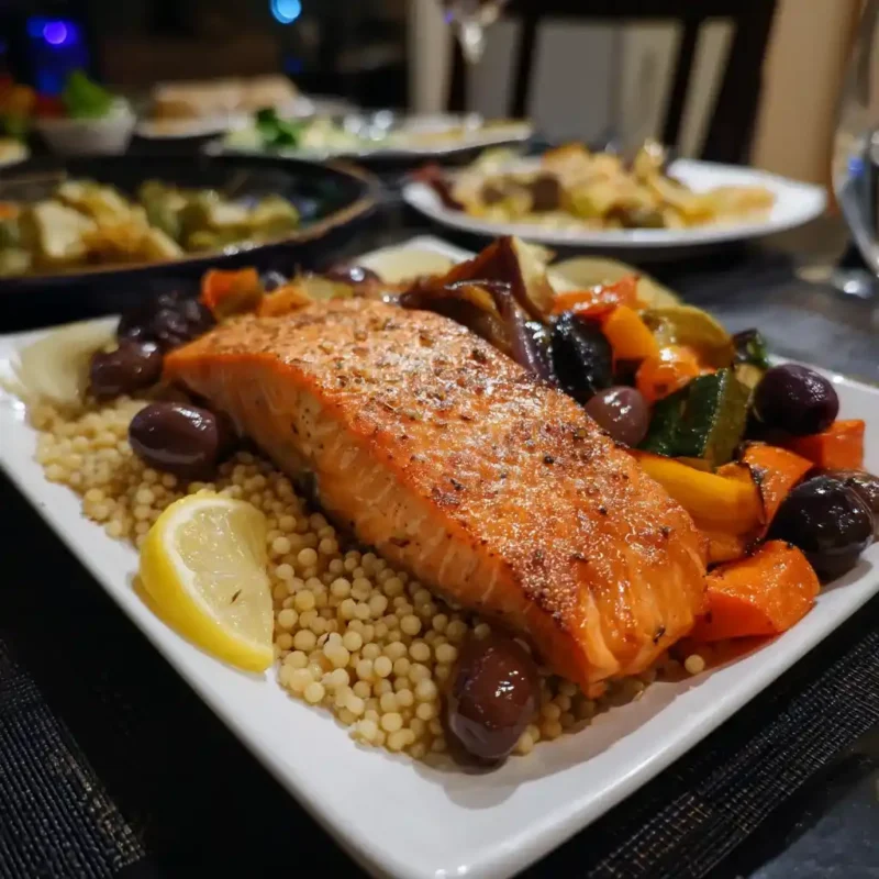 slow-cooked salmon with couscous and Mediterranean sides