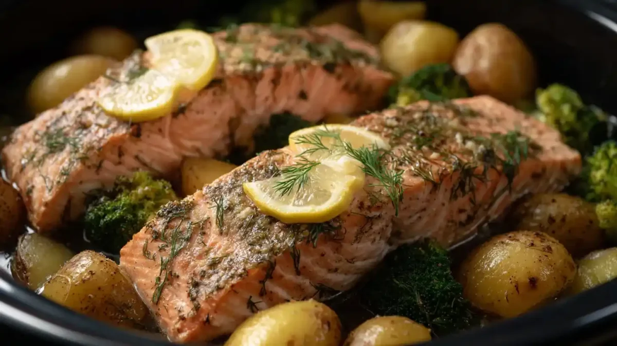 Mediterranean salmon crockpot dinner with vegetables