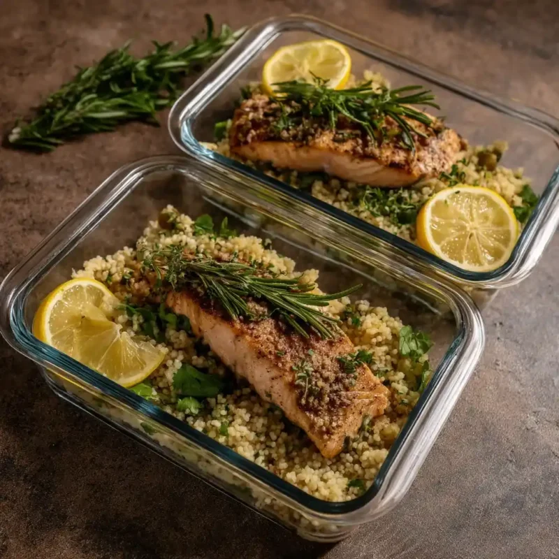 meal prep with leftover slow-cooked salmon and couscous
