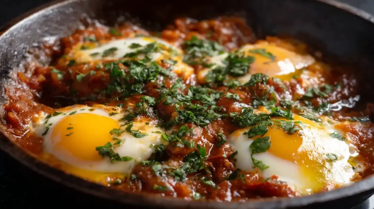 Mediterranean shakshuka with eggs and tomato in slow cooker