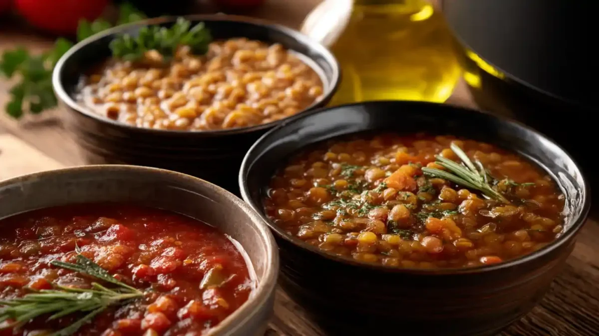 Mediterranean soup sampler in crockpot bowls