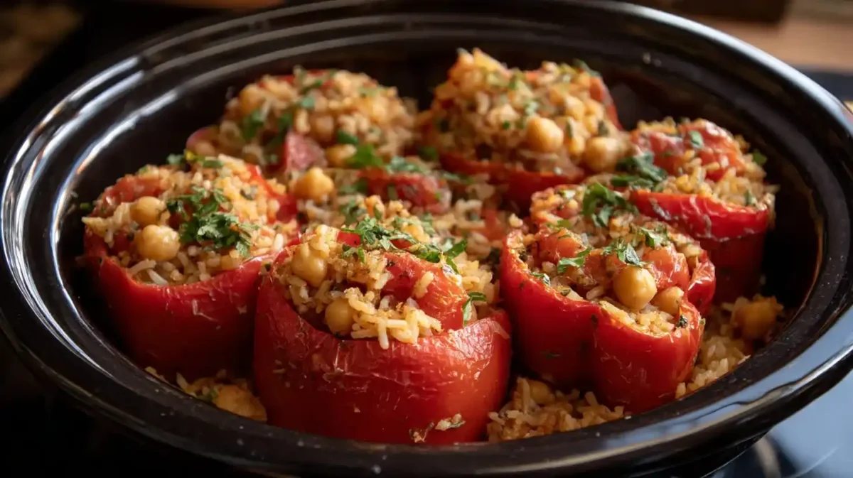 Mediterranean stuffed peppers slow cooked with rice and beans
