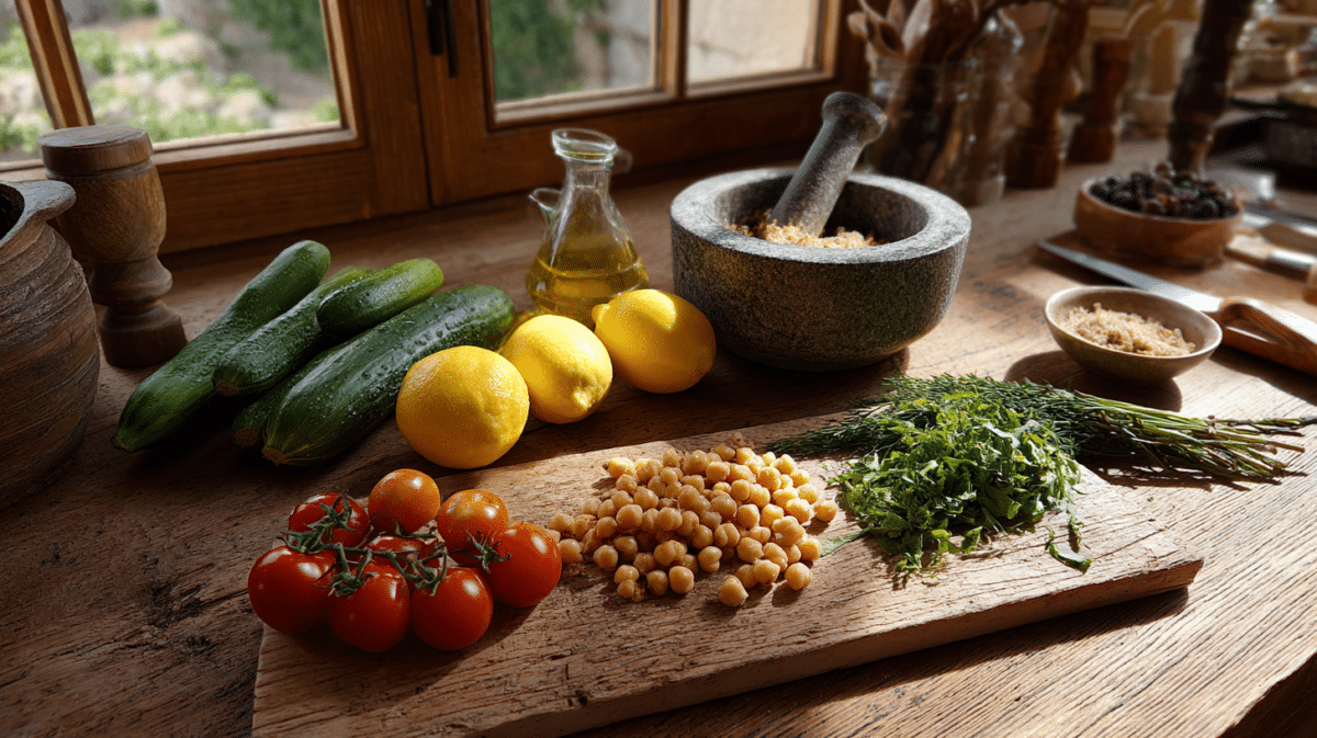 Fresh Mediterranean ingredients for vegan cooking