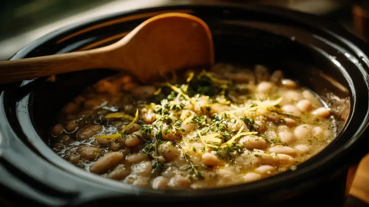 Mediterranean white bean soup slow cooked with olive oil