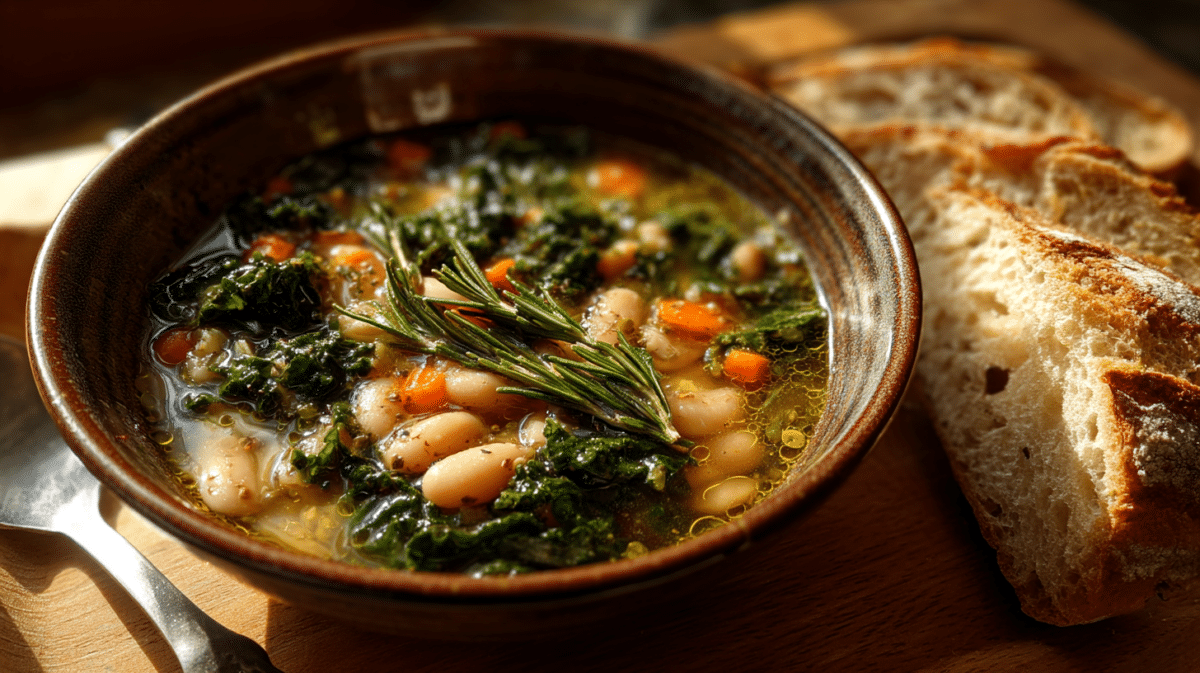 Mediterranean white bean soup with olive oil and kale