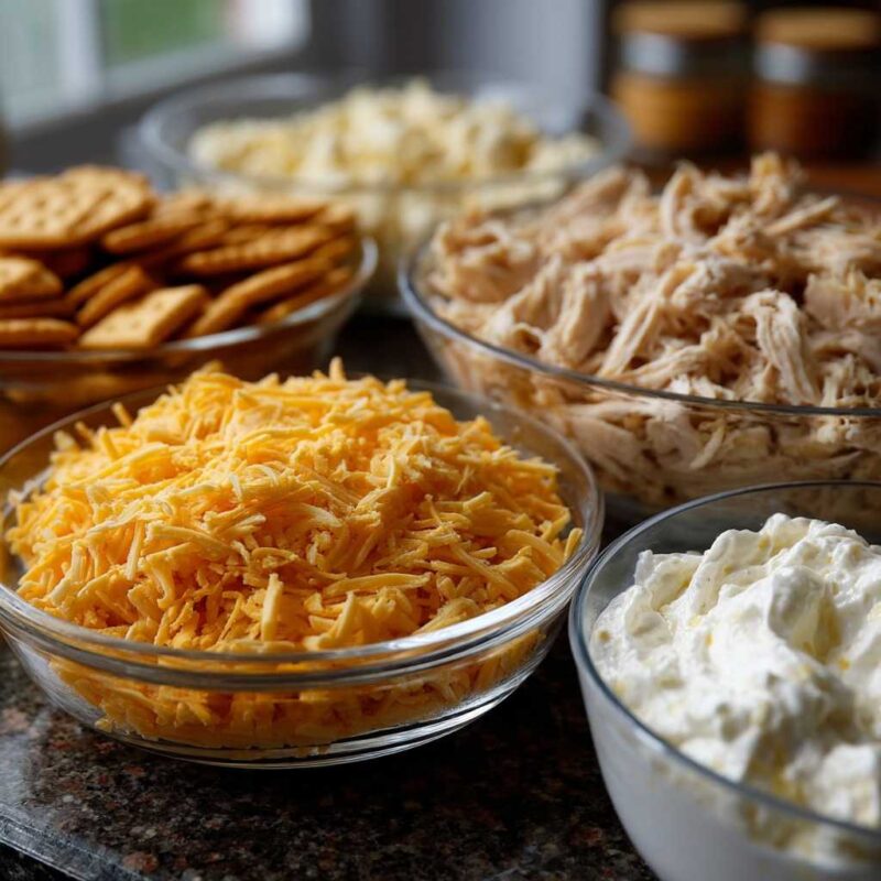 Ingredients for Neiman Marcus chicken casserole on a wooden counter