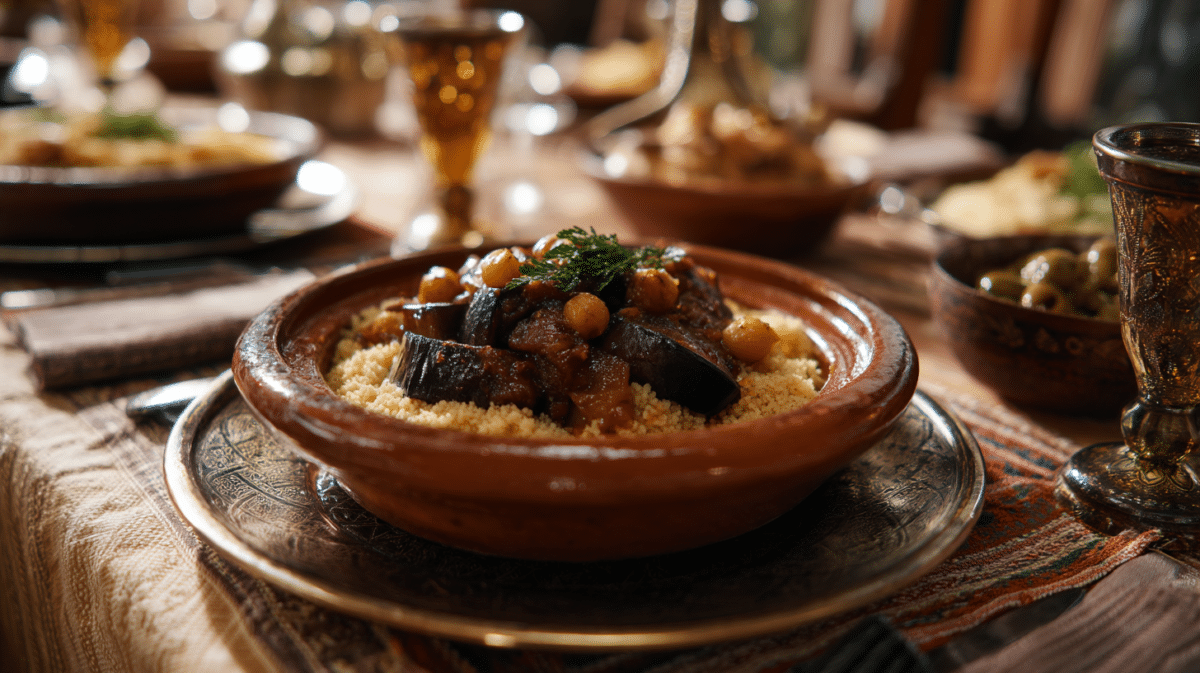 Moroccan dinner with eggplant chickpea tagine and couscous