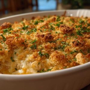 Neiman Marcus chicken casserole with golden cracker topping