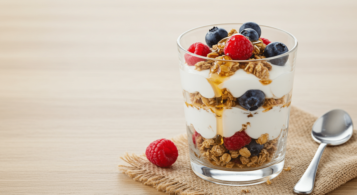 Oikos Greek Yogurt parfait with granola and berries