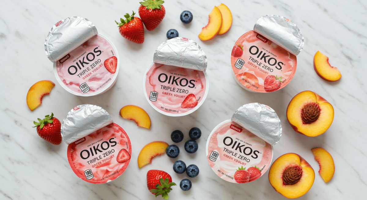 Assorted Oikos Greek Yogurt fruit flavors flat lay
