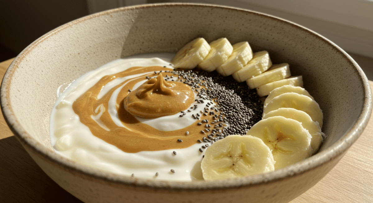 Oikos Greek Yogurt breakfast bowl with banana and peanut butter