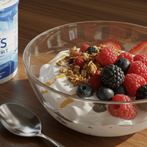 Oikos Greek Yogurt breakfast parfait with berries and granola